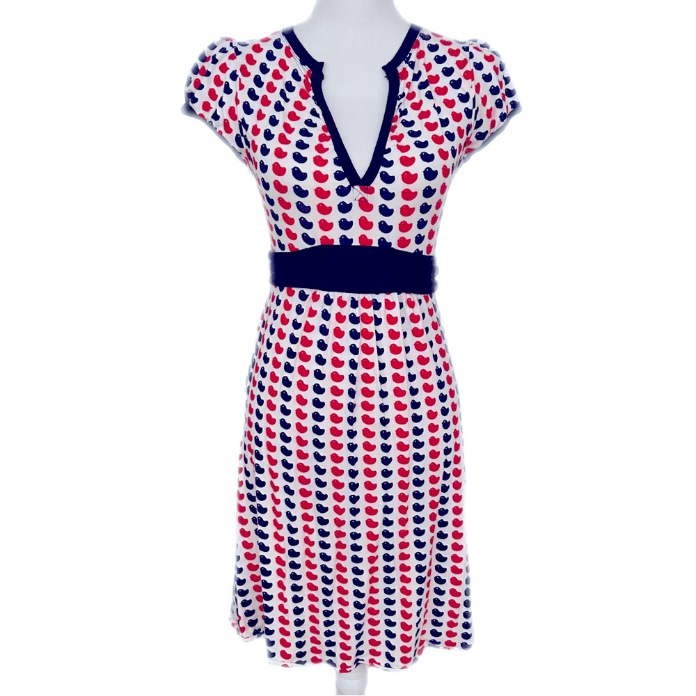 Eva Franco White Dress with Red and Navy Heart Pattern